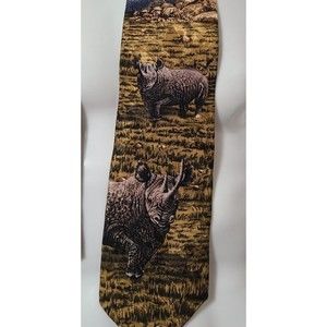 Endangered Species Silk Tie "Charging Rhino" Animal Serengeti Green Blue